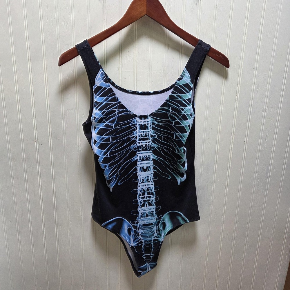 INTO THE AM Bodysuit Womens Small Black‎ Skeleton X-Ray Graphic Halloween
